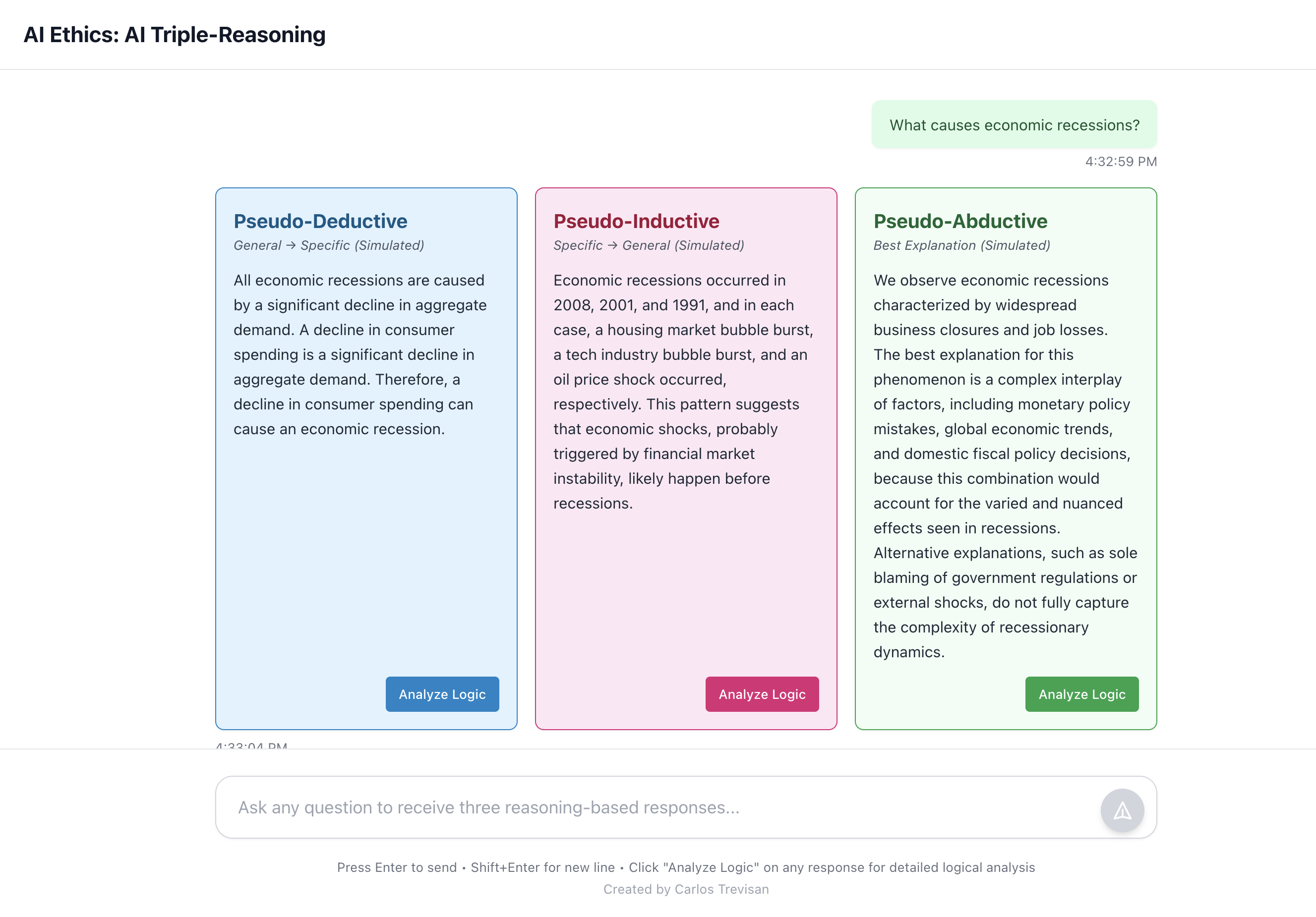 Three reasoning responses displayed side by side