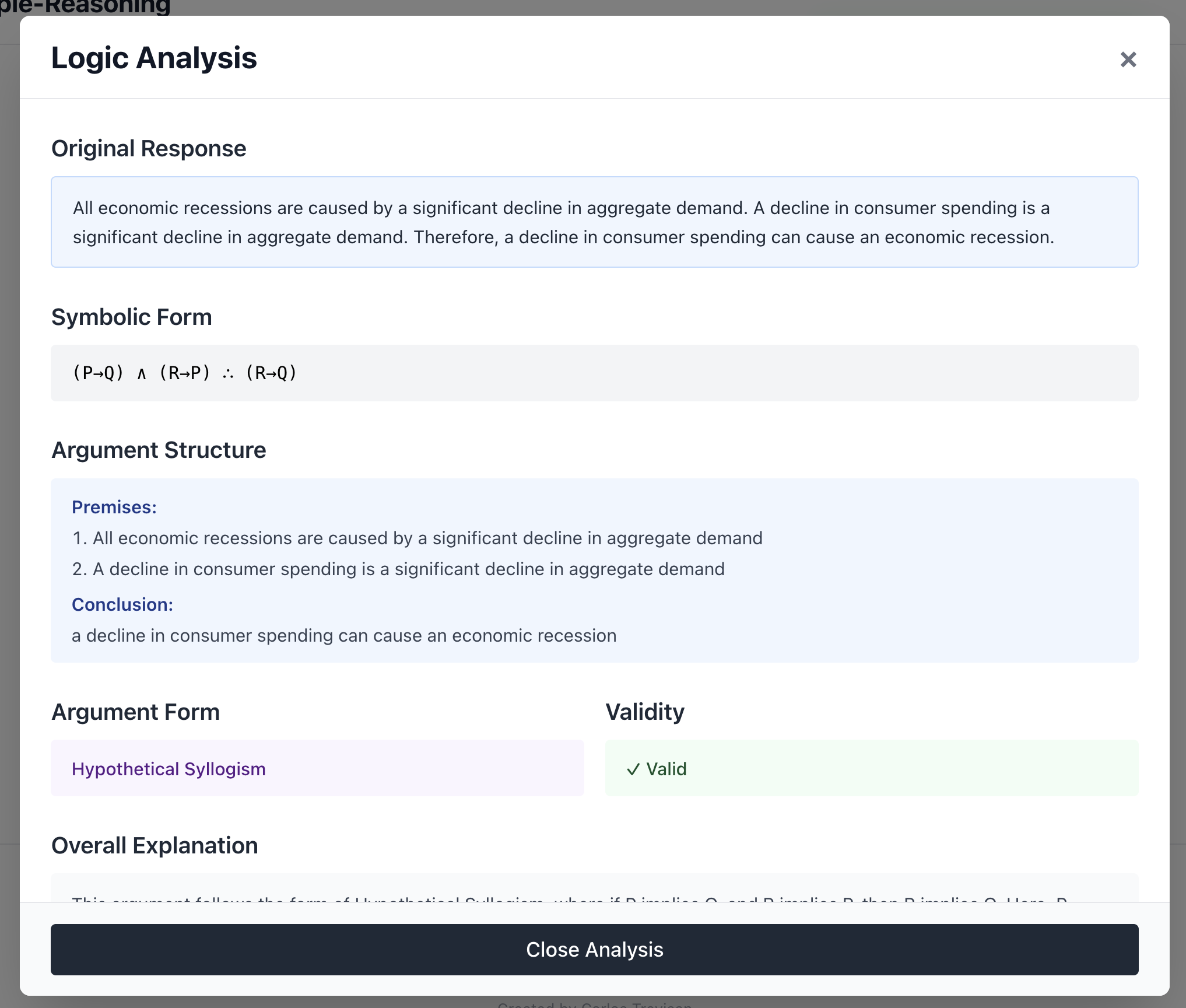 Logic analysis panel showing symbolic form, premises, and fallacy detection